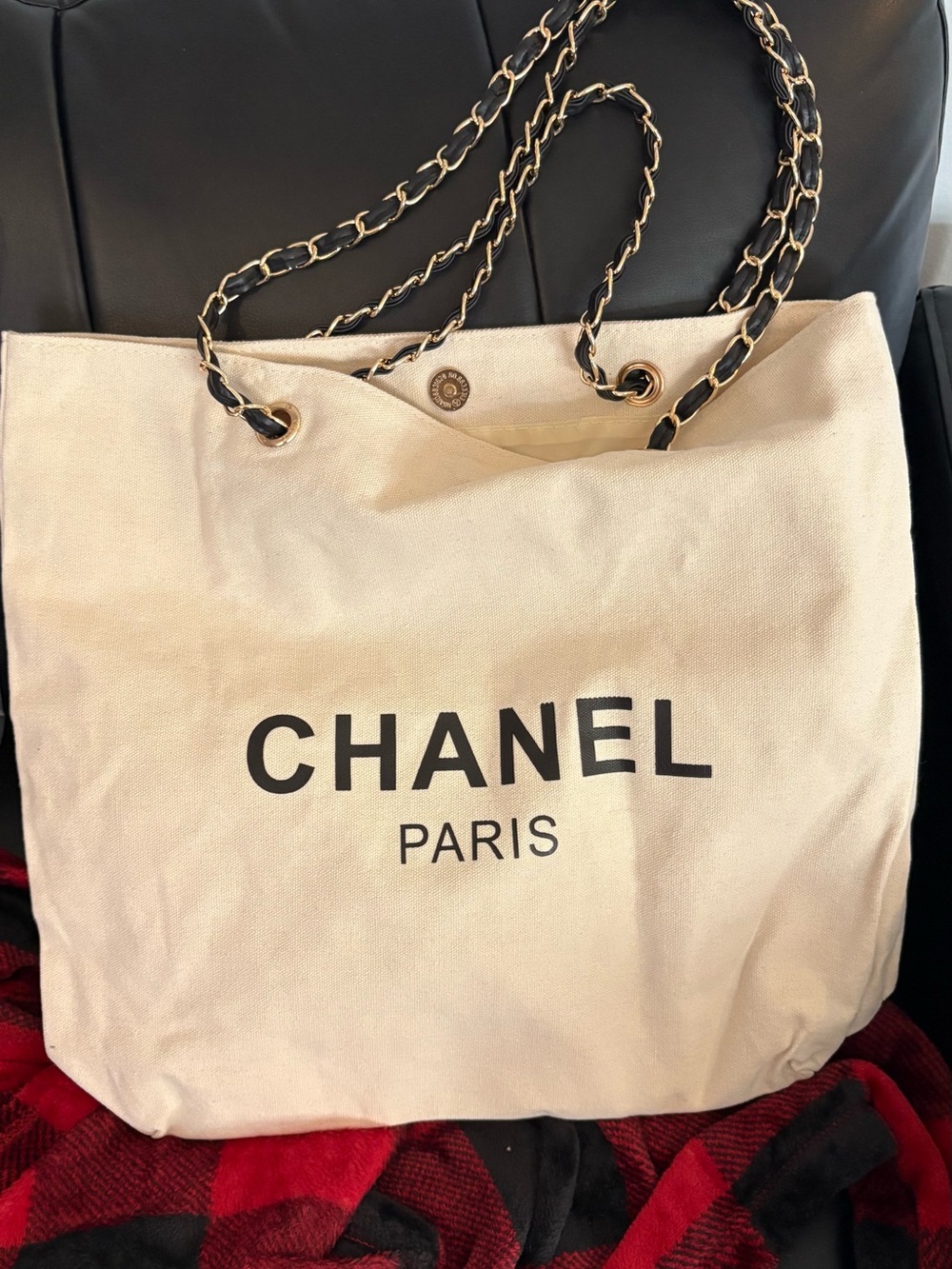 CHANEL Paris Cream Canvas Tote with Chain-Strap